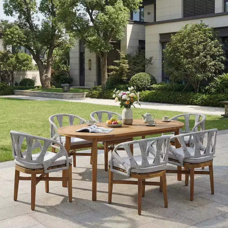 Christopher Knight Home Cascade, set da pranzo Boho da esterno a 7 pezzi in legno di acacia e vimini con tavolo ovale a doghe da esterno
