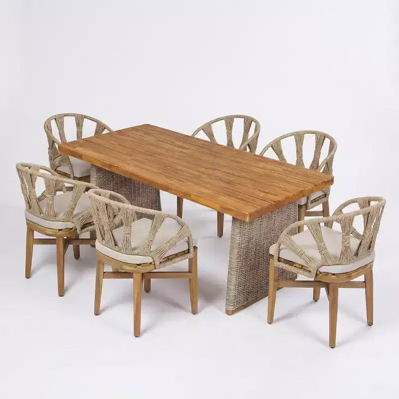Christopher Knight Home Ferb, set da pranzo a 7 pezzi in legno di acacia e vimini boho per esterni, con cuscini