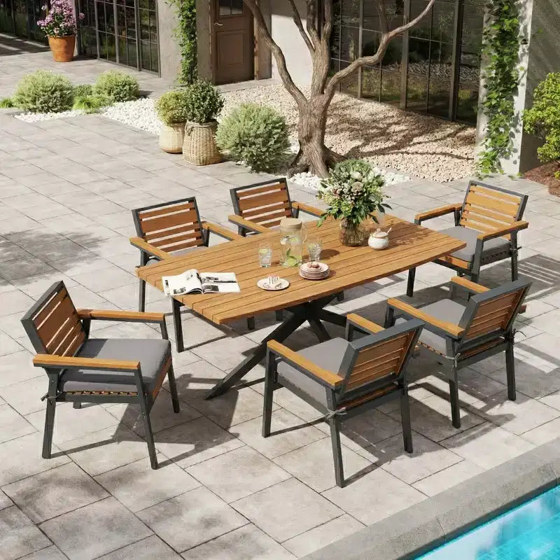 Set da pranzo per esterno Whisen da 7 pezzi per 6 persone, set tavolo e sedie da patio, set da pranzo da giardino, 1 tavolo da pranzo rettangolare e 6 sedie con cuscini