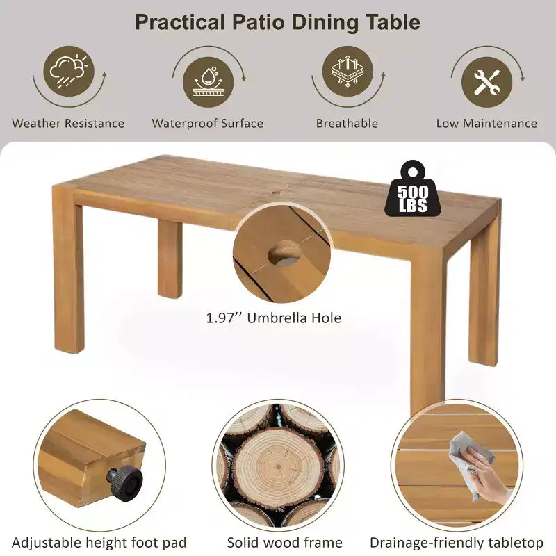 Set da pranzo da giardino Polibi a 6 posti in acacia con tavolo con foro per ombrellone, panca imbottita e 4 poltrone