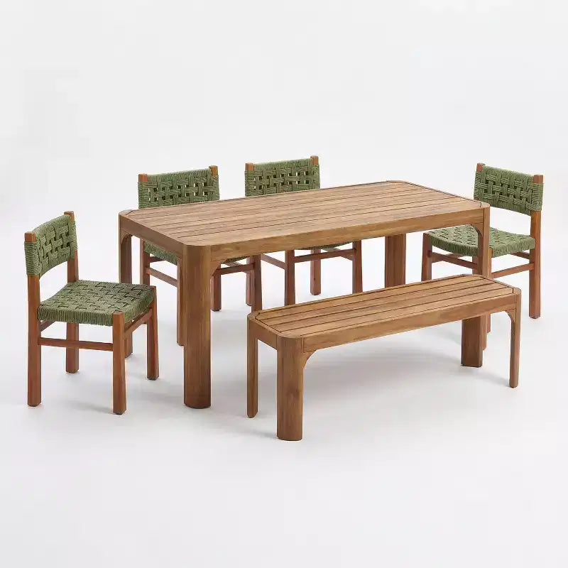 Christopher Knight Home Yuri Set da pranzo moderno da 6 pezzi in acacia per esterni con tavolo a doghe e design in vimini PE