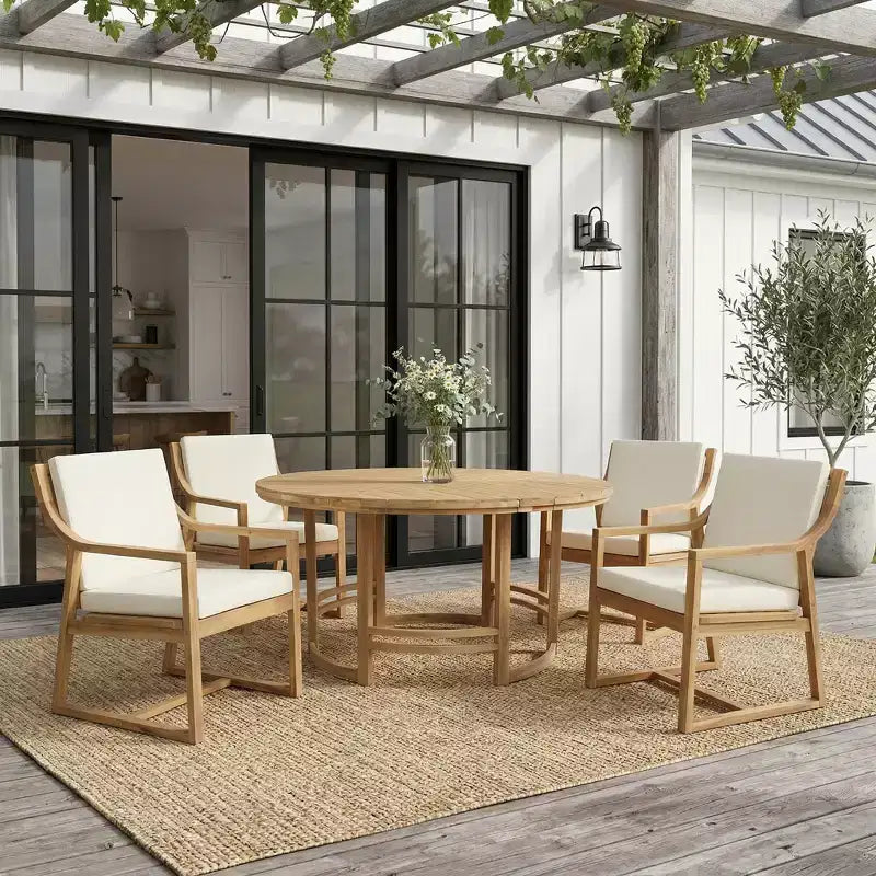 GDFStudio Rhodes Set da pranzo da esterno 5 pezzi in legno di acacia con foro per ombrellone