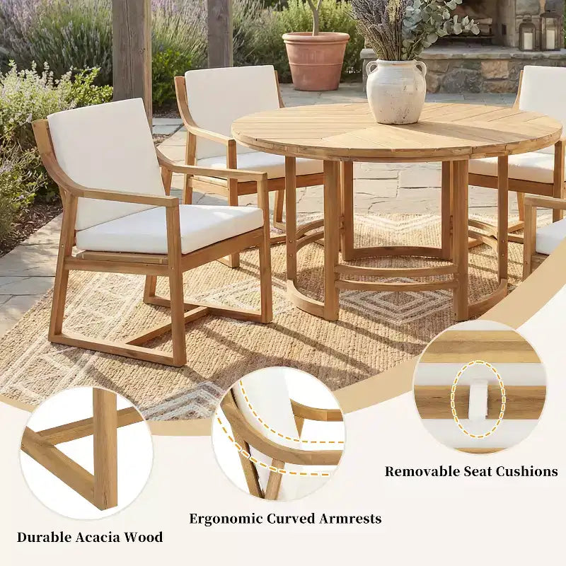 GDFStudio Rhodes Set da pranzo da esterno 5 pezzi in legno di acacia con foro per ombrellone