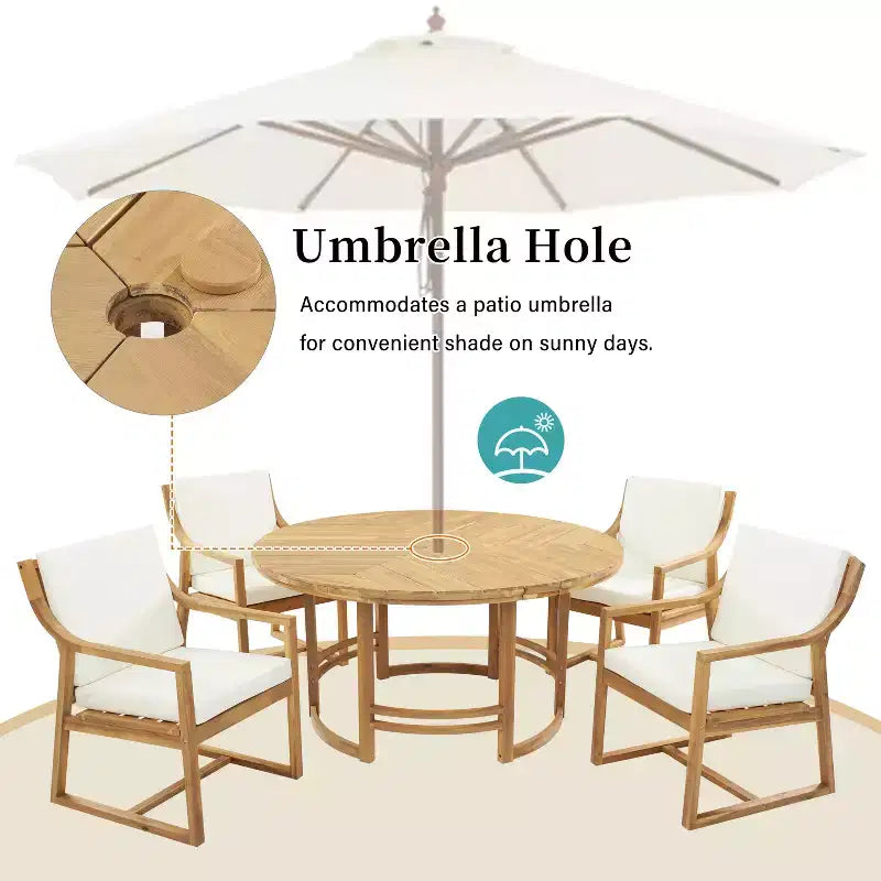 GDFStudio Rhodes Set da pranzo da esterno 5 pezzi in legno di acacia con foro per ombrellone