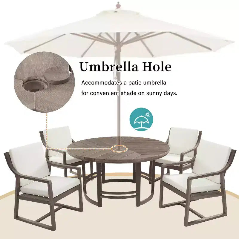 GDFStudio Rhodes Set da pranzo da esterno 5 pezzi in legno di acacia con foro per ombrellone