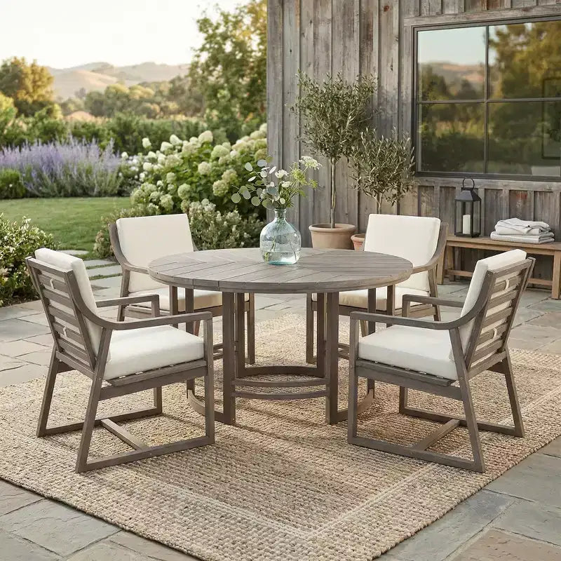 GDFStudio Rhodes Set da pranzo da esterno 5 pezzi in legno di acacia con foro per ombrellone