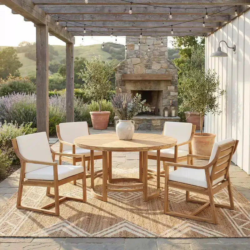 GDFStudio Rhodes Set da pranzo da esterno 5 pezzi in legno di acacia con foro per ombrellone