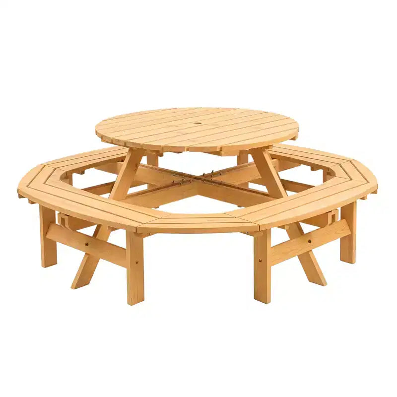 Tavolo da picnic in legno per 8 persone, tavolo da pranzo rotondo da campeggio per esterni con panche integrate e foro per ombrellone, set tavolo da esterno per giardino, cortile, patio