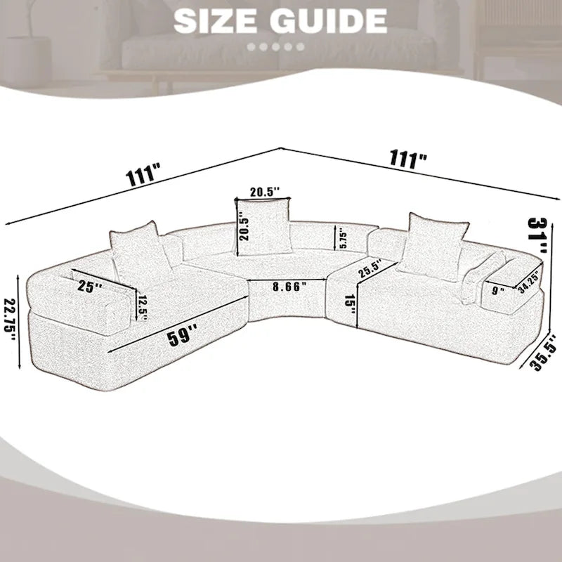Divano componibile angolare a L in boucle oversize da 111 pollici, combinazione libera in 3 pezzi