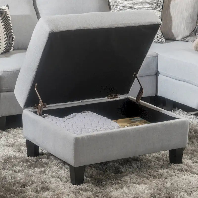 Pouf contenitore con gambe in betulla, trapuntato, con motivo a nido d'ape, in stile contemporaneo