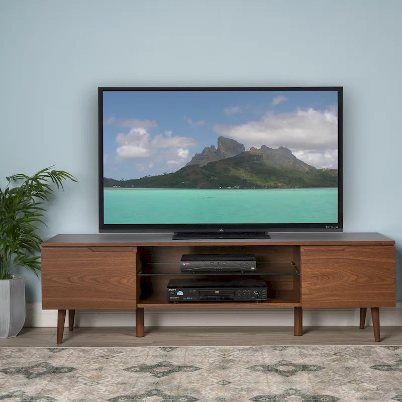 Mobile TV Walnut 59.2 con 2 Ante e Ripiano in Vetro Temperato per TV da 40 pollici