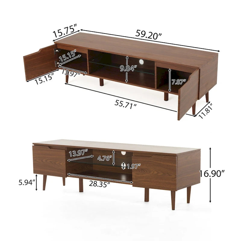 Mobile TV Walnut 59.2 con 2 Ante e Ripiano in Vetro Temperato per TV da 40 pollici
