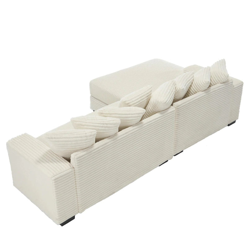 Divano componibile a L in velluto a coste beige 111 con chaise longue oversize sinistra e 8 cuscini decorativi