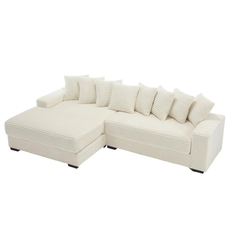 Divano componibile a L in velluto a coste beige 111 con chaise longue oversize sinistra e 8 cuscini decorativi