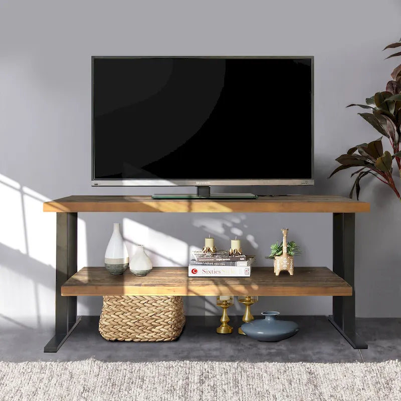 Tavolino consolle multimediale con una mensola per l'arredamento della casa, in legno di recupero naturale e finitura nera