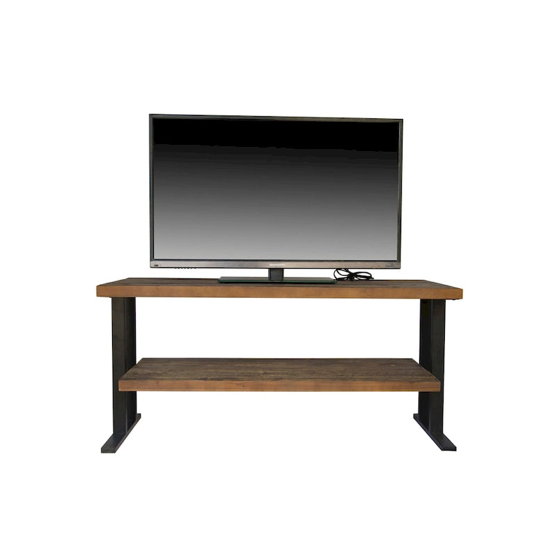 Tavolino consolle multimediale con una mensola per l'arredamento della casa, in legno di recupero naturale e finitura nera