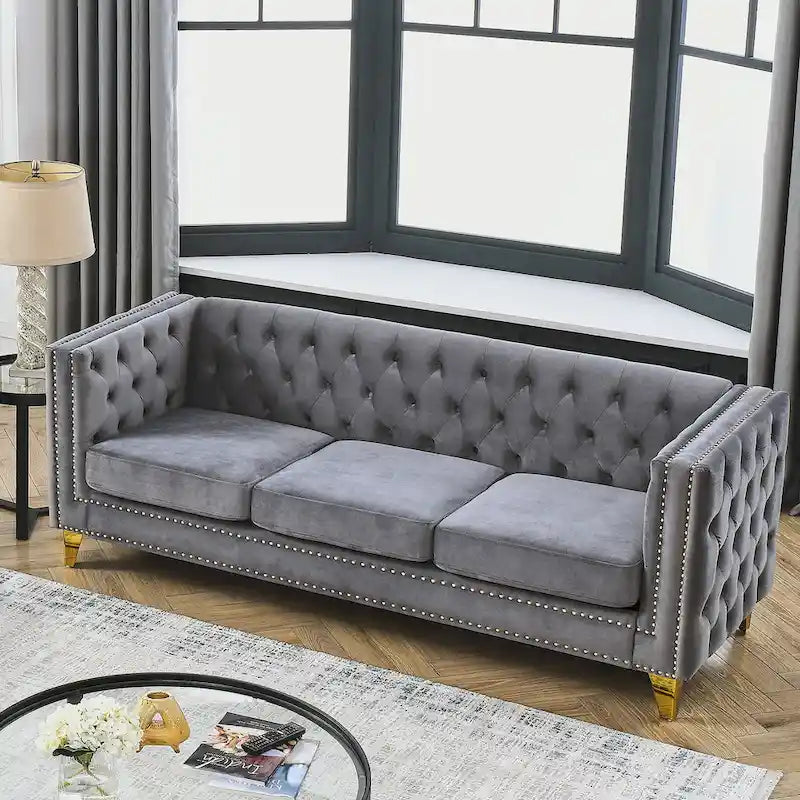 Divano a 3 posti grigio in velluto trapuntato da 80,5 pollici con borchie decorative
