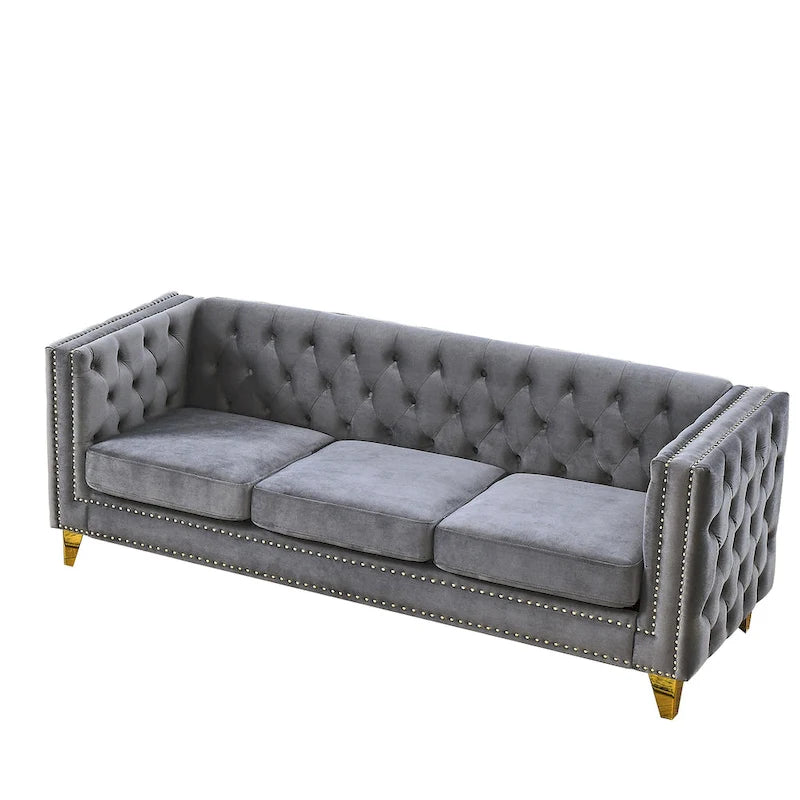 Divano a 3 posti grigio in velluto trapuntato da 80,5 pollici con borchie decorative