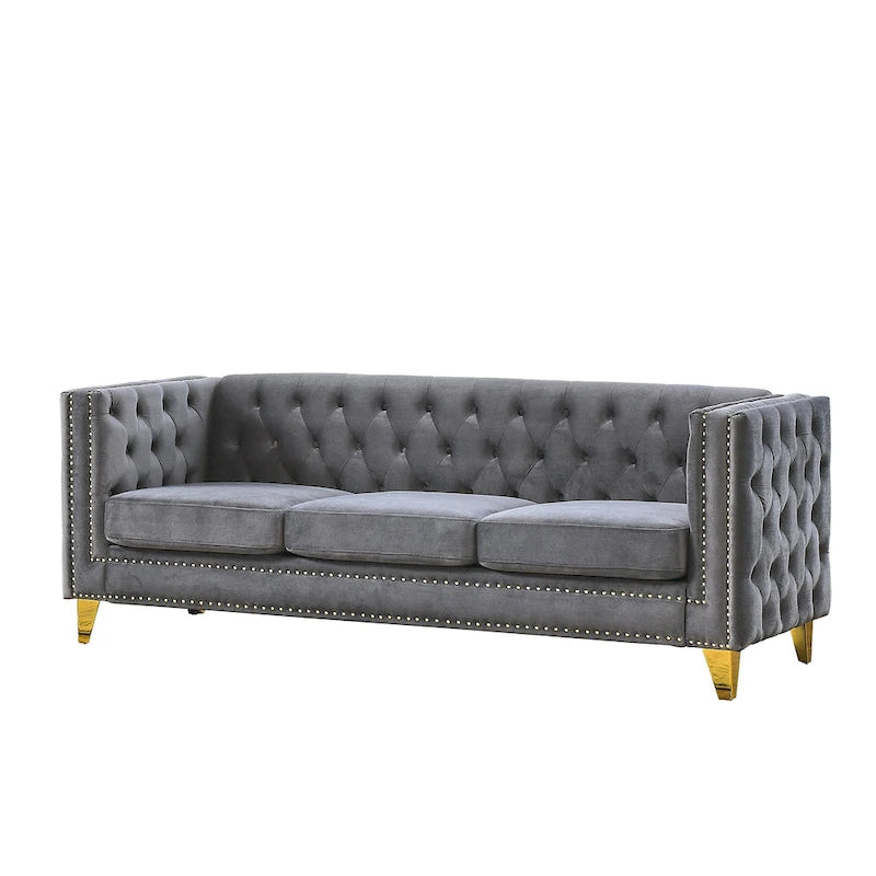 Divano a 3 posti grigio in velluto trapuntato da 80,5 pollici con borchie decorative