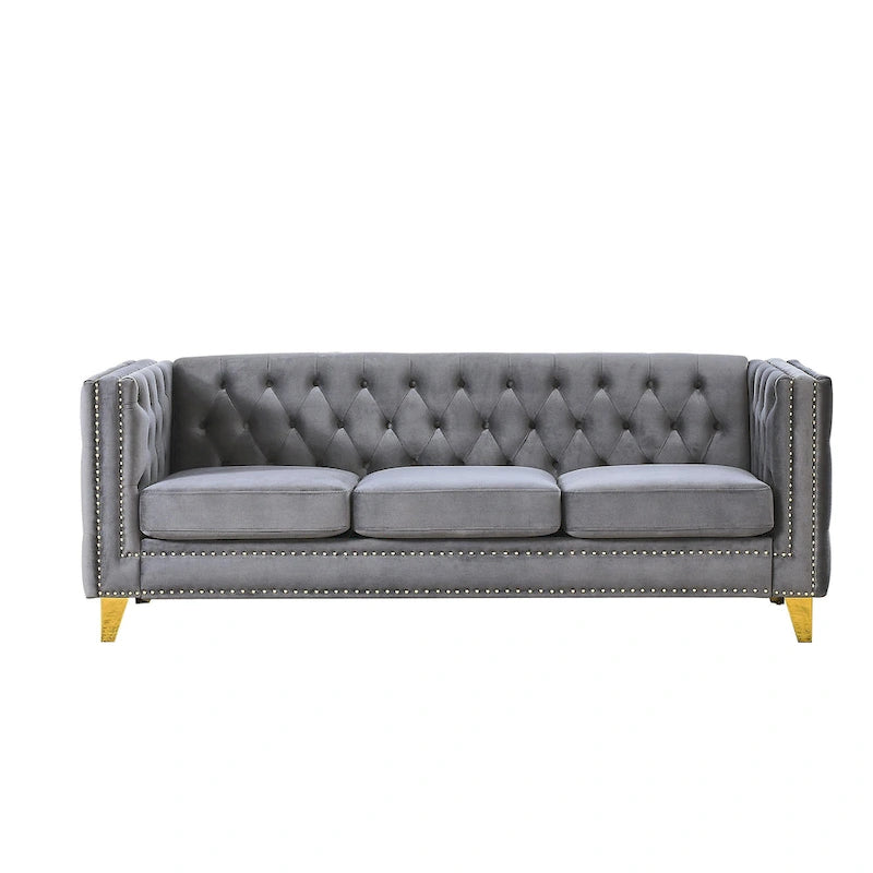 Divano a 3 posti grigio in velluto trapuntato da 80,5 pollici con borchie decorative