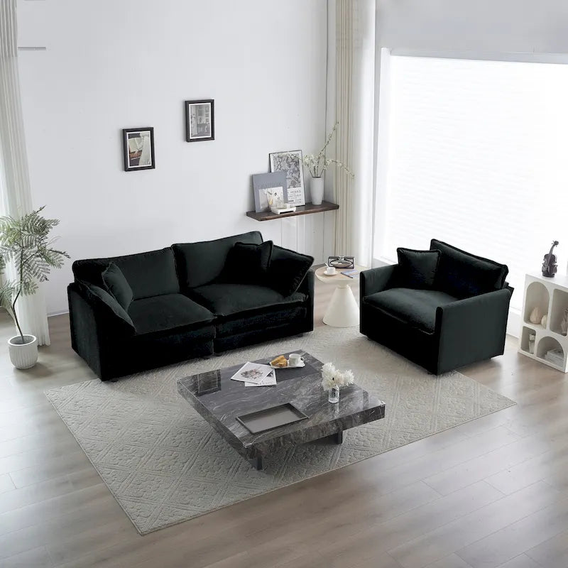 Set divano in ciniglia nero 2 pezzi con divano a due posti e divano singolo