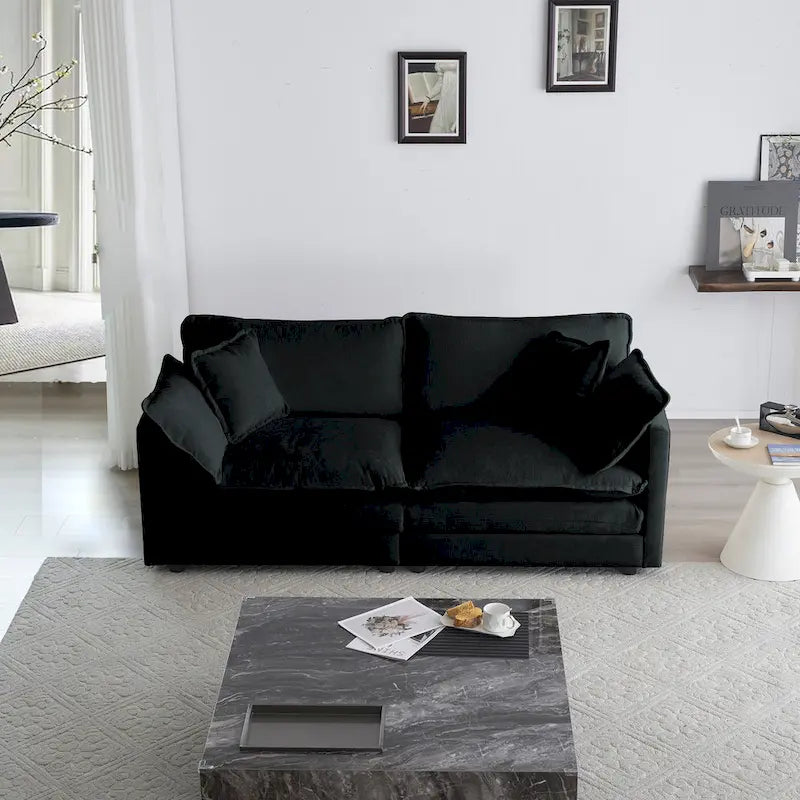 Set divano in ciniglia nero 2 pezzi con divano a due posti e divano singolo