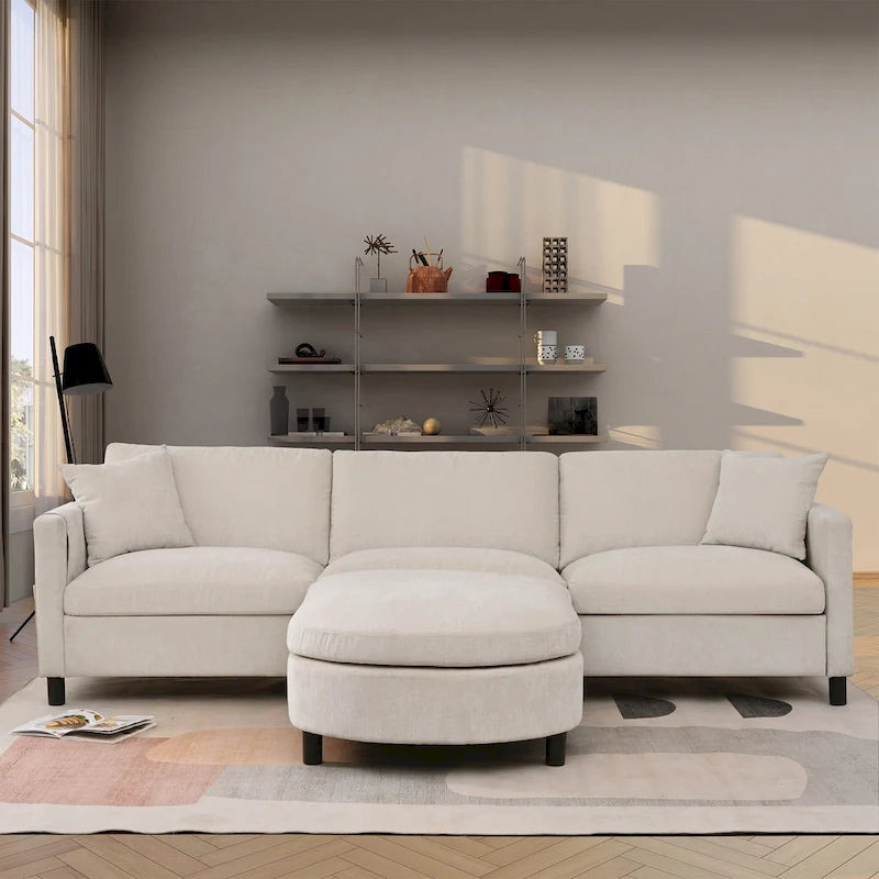 Divano Sezionale Spazioso a 4 Posti Beige 107.87 con Pouf Movibile, Cuscini Rimovibili e Pratico Vano Contenitore nel Bracciolo