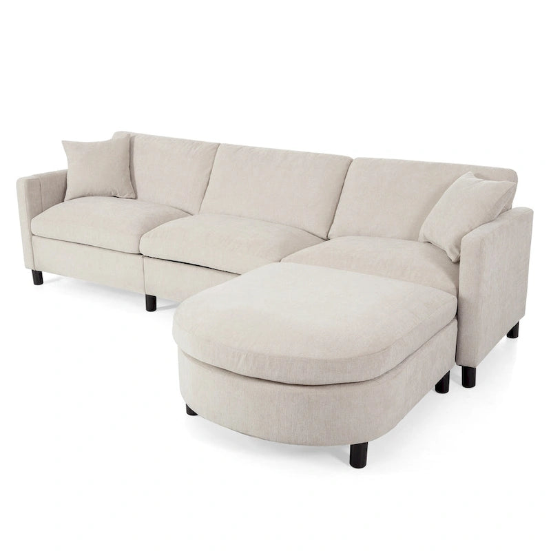 Divano Sezionale Spazioso a 4 Posti Beige 107.87 con Pouf Movibile, Cuscini Rimovibili e Pratico Vano Contenitore nel Bracciolo