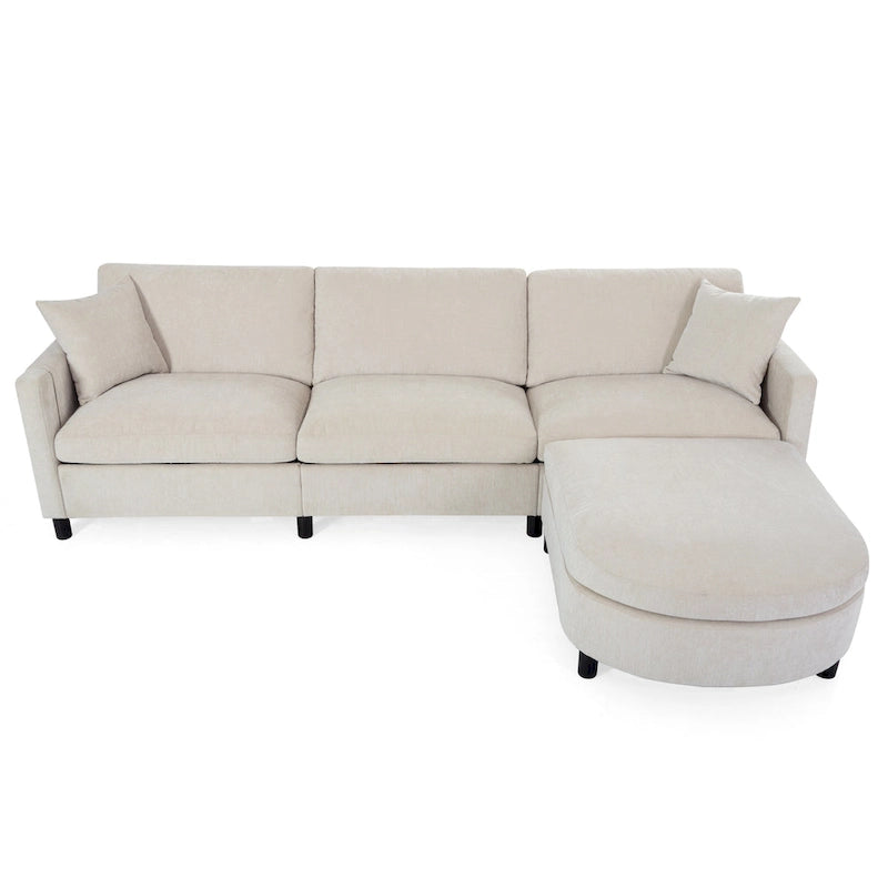 Divano Sezionale Spazioso a 4 Posti Beige 107.87 con Pouf Movibile, Cuscini Rimovibili e Pratico Vano Contenitore nel Bracciolo