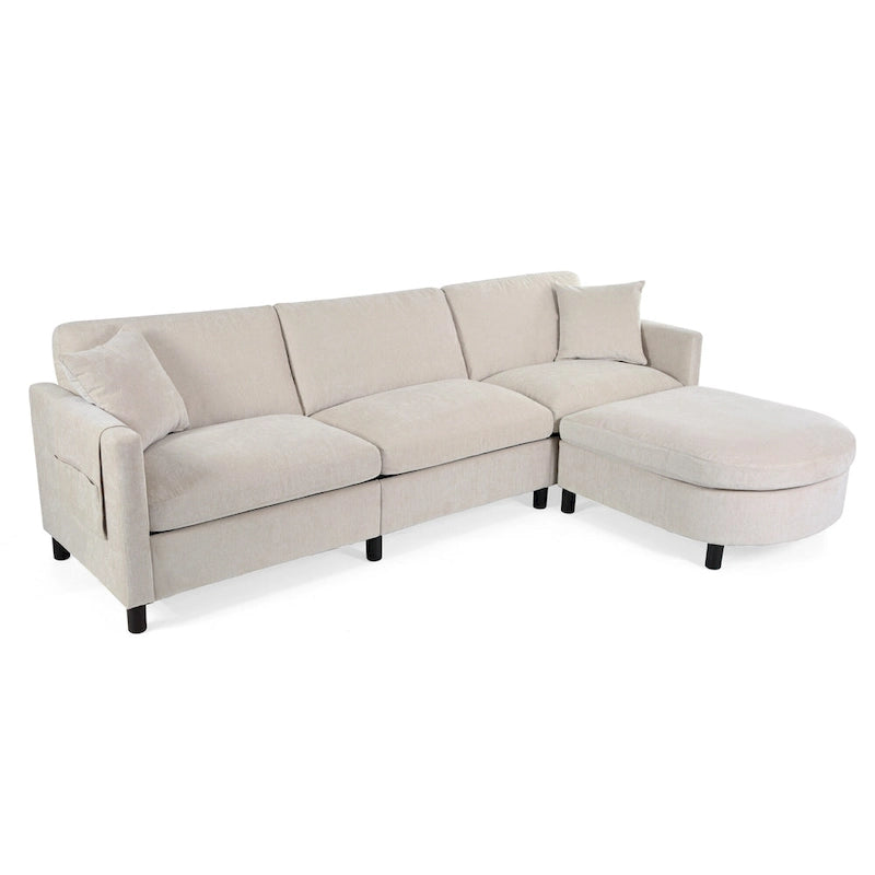 Divano Sezionale Spazioso a 4 Posti Beige 107.87 con Pouf Movibile, Cuscini Rimovibili e Pratico Vano Contenitore nel Bracciolo