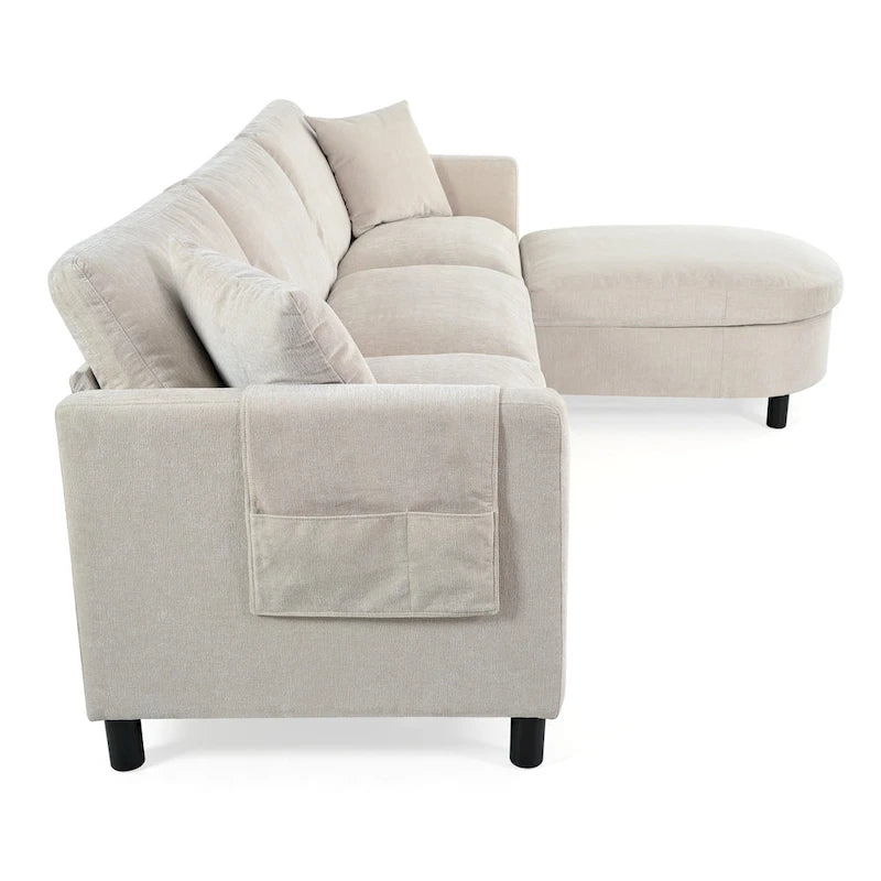 Divano Sezionale Spazioso a 4 Posti Beige 107.87 con Pouf Movibile, Cuscini Rimovibili e Pratico Vano Contenitore nel Bracciolo