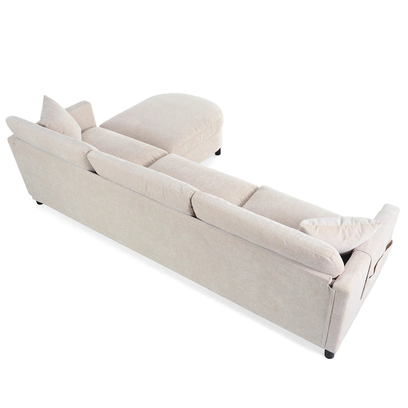 Divano Sezionale Spazioso a 4 Posti Beige 107.87 con Pouf Movibile, Cuscini Rimovibili e Pratico Vano Contenitore nel Bracciolo