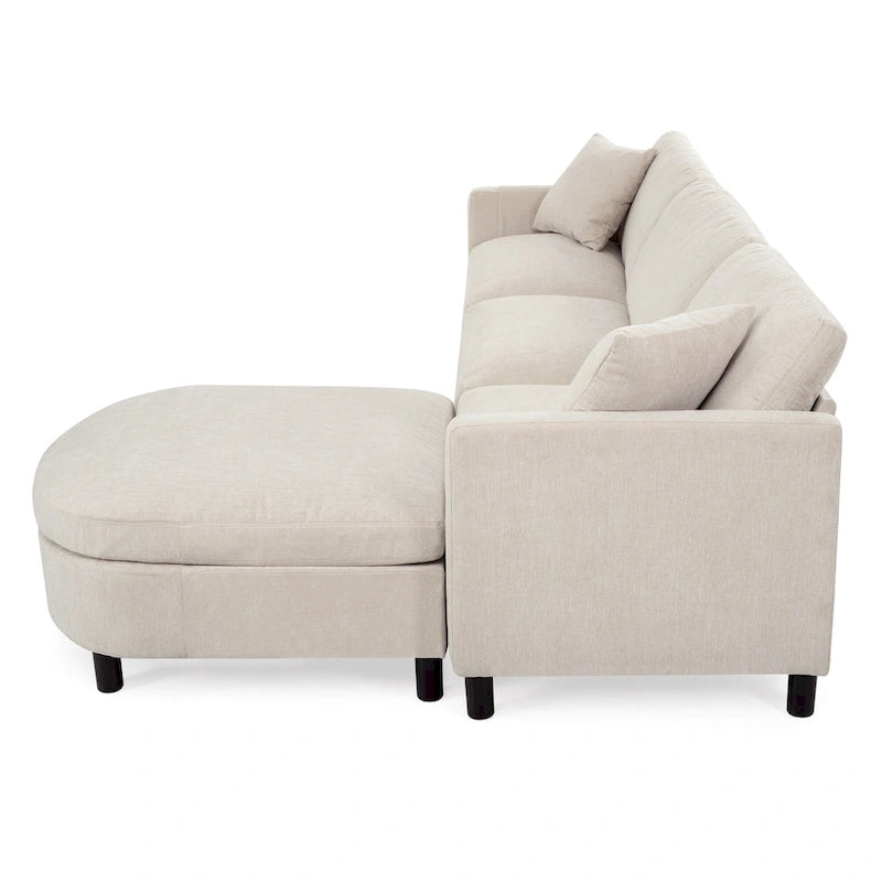 Divano Sezionale Spazioso a 4 Posti Beige 107.87 con Pouf Movibile, Cuscini Rimovibili e Pratico Vano Contenitore nel Bracciolo
