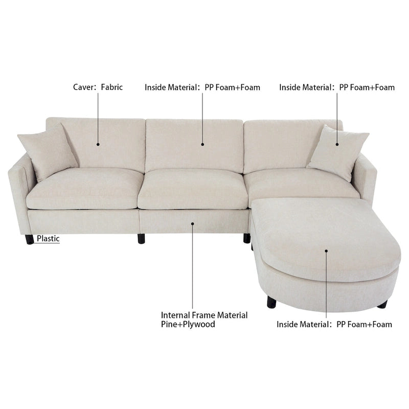 Divano Sezionale Spazioso a 4 Posti Beige 107.87 con Pouf Movibile, Cuscini Rimovibili e Pratico Vano Contenitore nel Bracciolo