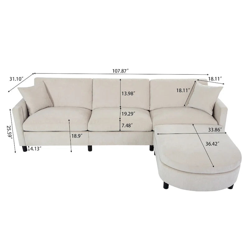 Divano Sezionale Spazioso a 4 Posti Beige 107.87 con Pouf Movibile, Cuscini Rimovibili e Pratico Vano Contenitore nel Bracciolo