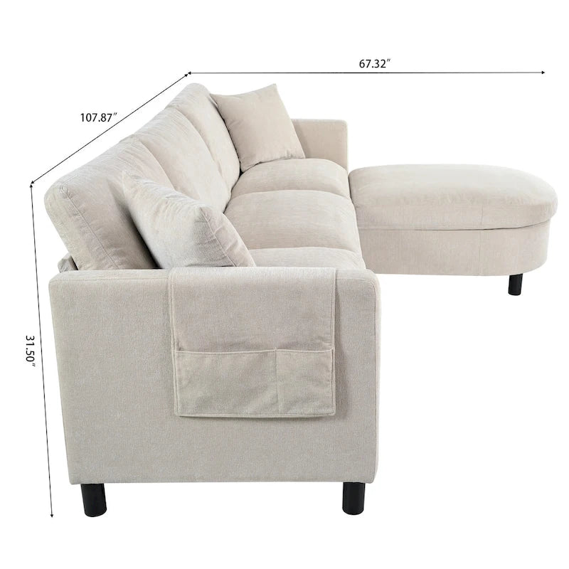 Divano Sezionale Spazioso a 4 Posti Beige 107.87 con Pouf Movibile, Cuscini Rimovibili e Pratico Vano Contenitore nel Bracciolo