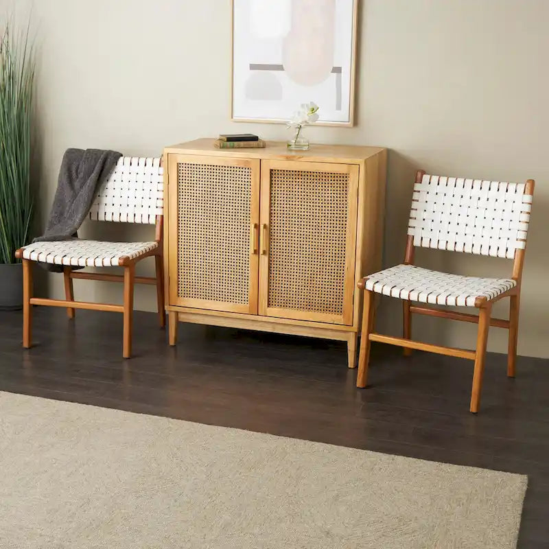 Sedie da Pranzo in Pelle Intrecciata Fatte a Mano con Struttura in Legno Teak - Set di 2 Marroni, Bianche o Nere - Roche River Decor