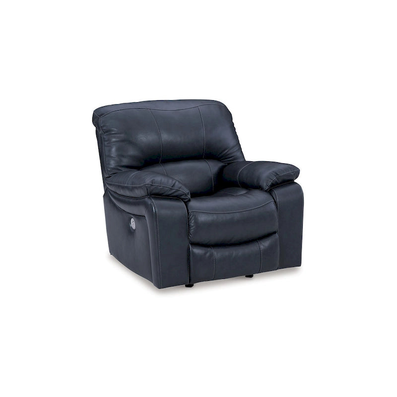 Poltrona reclinabile Leesa Power Rocker, morbida pelle blu oceano, porta USB