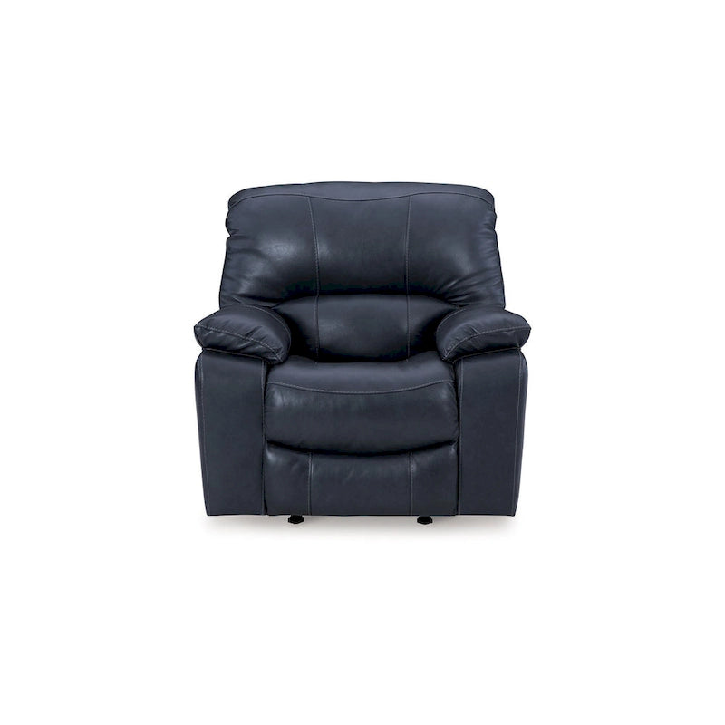 Poltrona reclinabile Leesa Power Rocker, morbida pelle blu oceano, porta USB