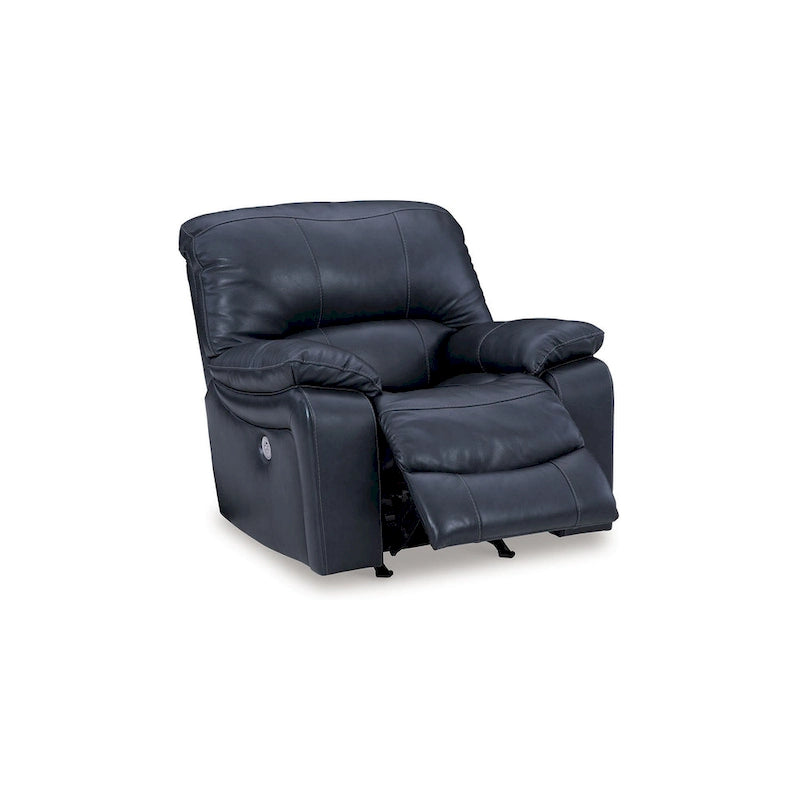 Poltrona reclinabile Leesa Power Rocker, morbida pelle blu oceano, porta USB