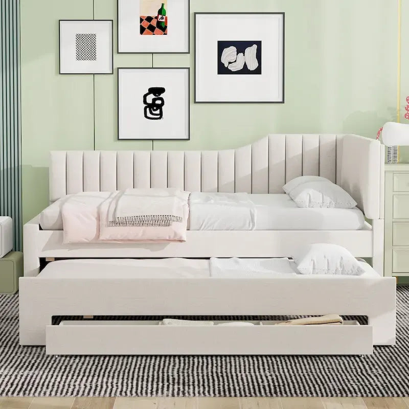 Letto a una piazza e mezza imbottito con letto estraibile e tre cassetti, grigio