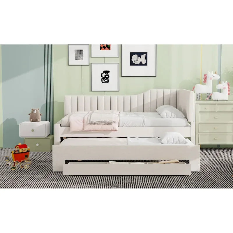 Letto a una piazza e mezza imbottito con letto estraibile e tre cassetti, grigio