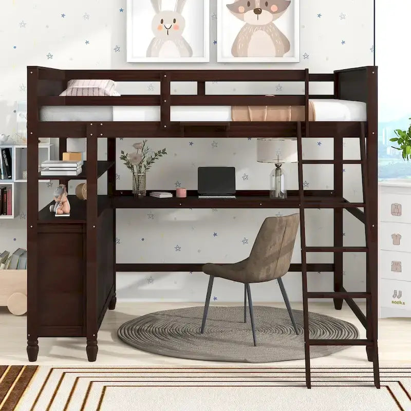 Espresso Full Loft Bed with Drawers and Desk