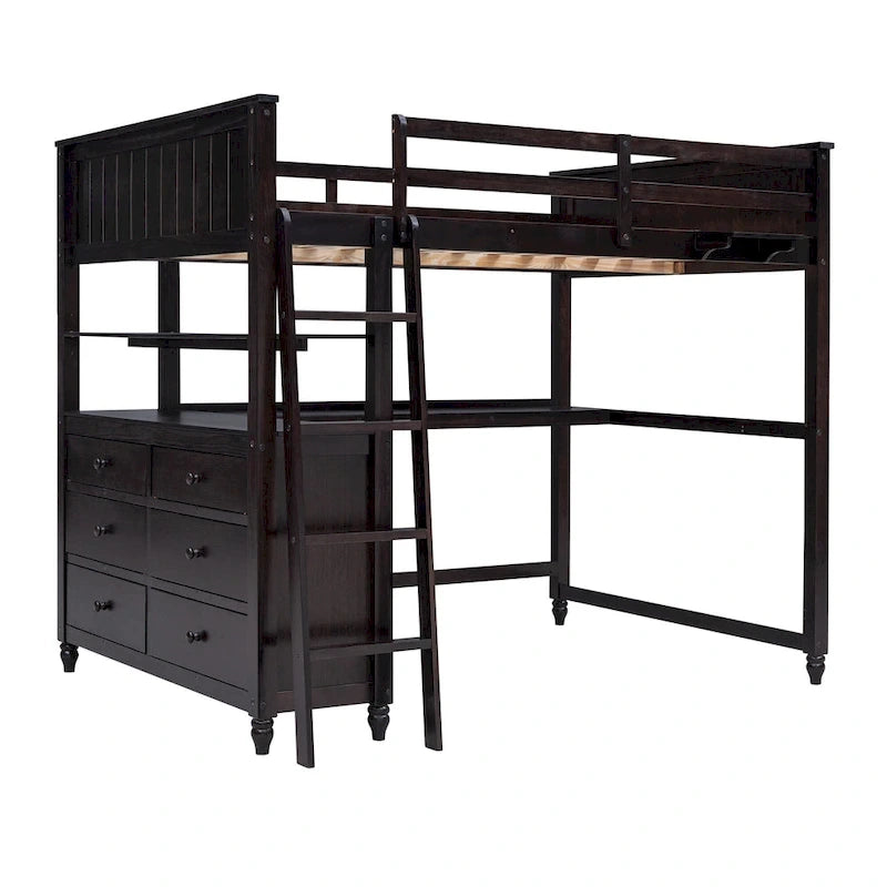 Espresso Full Loft Bed with Drawers and Desk
