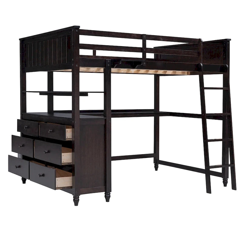 Espresso Full Loft Bed with Drawers and Desk