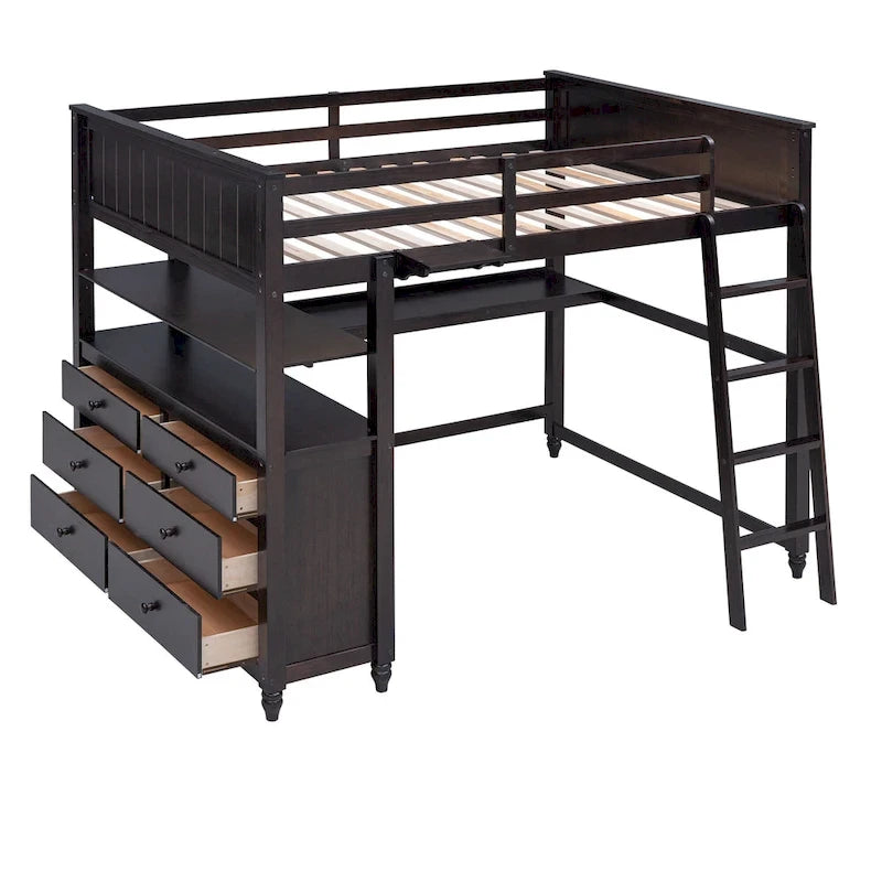Espresso Full Loft Bed with Drawers and Desk