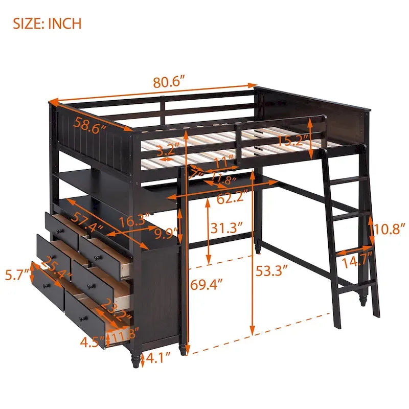 Espresso Full Loft Bed with Drawers and Desk