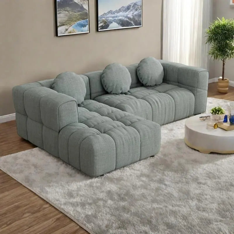 Divano componibile a L 103 Chenille con reclinabile a sinistra, 3 cuscini e design modulare