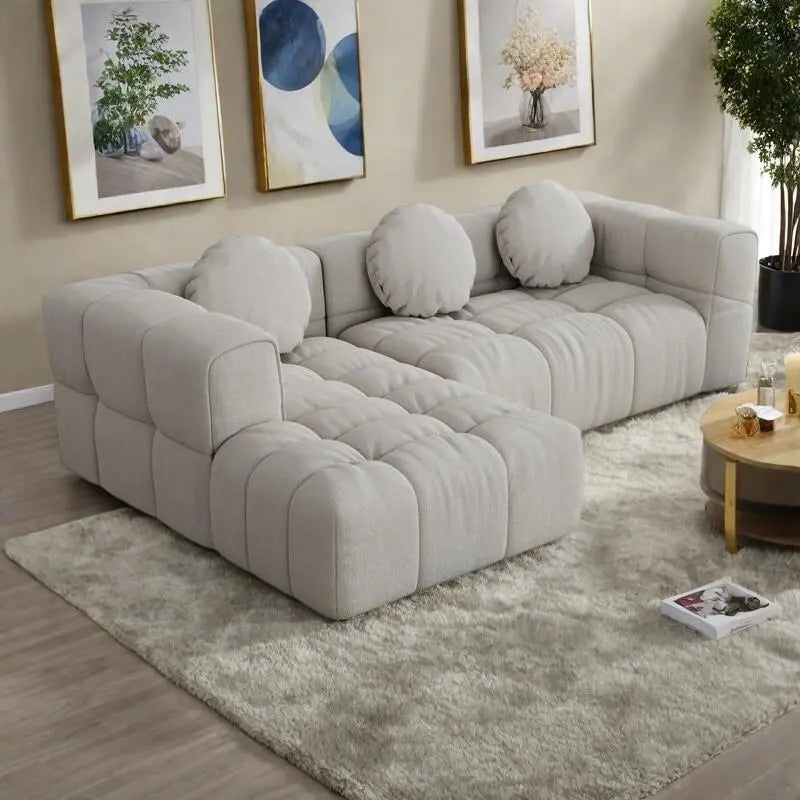 Divano componibile a L 103 Chenille con reclinabile a sinistra, 3 cuscini e design modulare