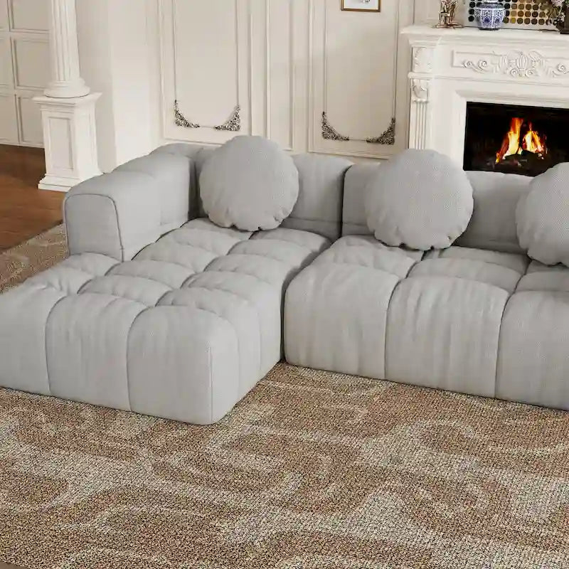Divano componibile a L 103 Chenille con reclinabile a sinistra, 3 cuscini e design modulare